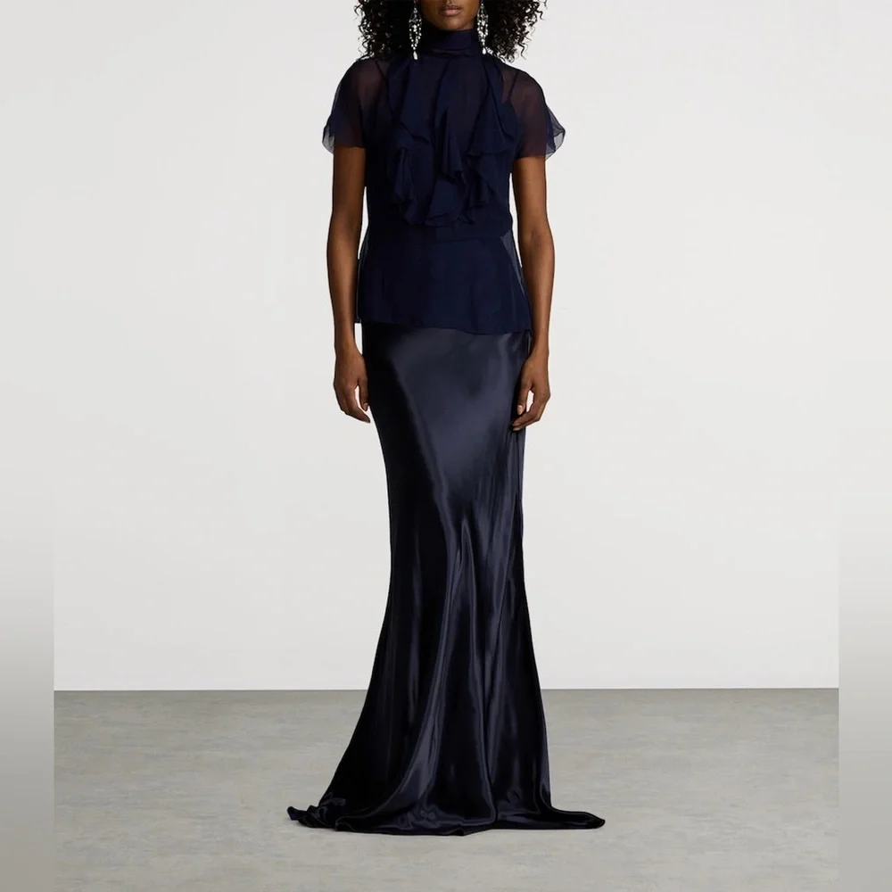 RALPH LAUREN COLLECTION MASSINA STRETCH SATIN SKIRT IN NAVY BLUE